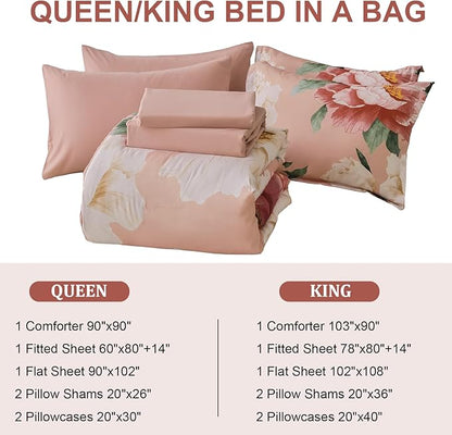 Dobuyly Coral Comforter Set Queen 7 Piece Bed in a Bag for Girls Women, Coral Pink Floral Bedding Set, Soft Microfiber Bed Set with Comforter, Sheets, Pillowcases & Shams