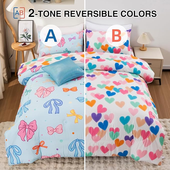 A Nice Night Twin Comforter Set for Girls 6 Piece Bedding Sets Soft Polyester Bed in a Bag with Multi-Color Chic Bows Pattern,Blue Background Room Decor for All Season