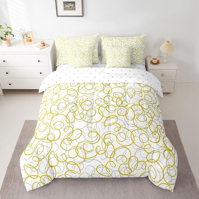 Erosebridal Geometric 7 Piece Comforter Set Full Bed in A Bag Yellow White Abstract Lines Bedding Set for Boys Girls Bedroom Modern Abstract Texture Quilt Contemporary Swirls Aesthetic Sheet Set