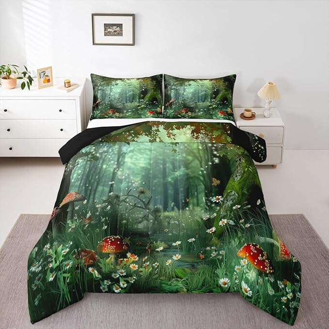 Erosebridal Magical Comforter Set Full Size, Mushroom Bedding Set for Girls Women Kids Teens, Daisy Leaves Branches Sunset Nature Duvet Insert, Cute Style Soft Warm Quilted Duvet Bedroom Decor, Green