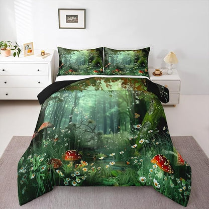 Erosebridal Magical Comforter Set Full Size, Mushroom Bedding Set for Girls Women Kids Teens, Daisy Leaves Branches Sunset Nature Duvet Insert, Cute Style Soft Warm Quilted Duvet Bedroom Decor, Green