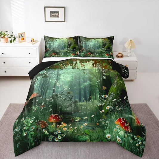 Erosebridal Magical Comforter Set Full Size, Mushroom Bedding Set for Girls Women Kids Teens, Daisy Leaves Branches Sunset Nature Duvet Insert, Cute Style Soft Warm Quilted Duvet Bedroom Decor, Green