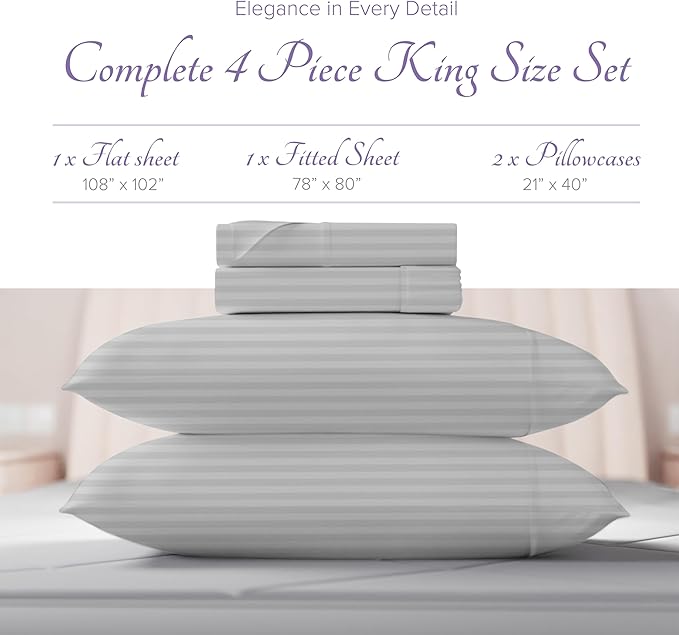 Carressa Linen Luxury Egyptian Cotton King Stripe Sheet Set, 600 Thread Count Extra Long Staple 4 PC Set, King Damask Sheets, Soft, Cooling Sateen Weave Striped Sheets Upto 18" Deep Pocket - Silver