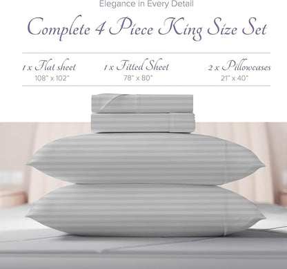 Carressa Linen Luxury Egyptian Cotton King Stripe Sheet Set, 600 Thread Count Extra Long Staple 4 PC Set, King Damask Sheets, Soft, Cooling Sateen Weave Striped Sheets Upto 18" Deep Pocket - Silver