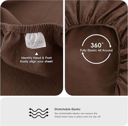 MooMee Fitted Bottom Sheet Only 100% Washed Cotton Linen Like Textured Breathable Durable Soft Comfy Deep Pocket Fits Mattress up to 17" (Cocoa Brown, Queen)