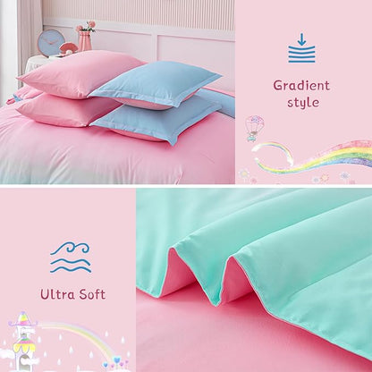 Drucon Comforter Set Twin for Teen Girl & Women, 6 Pieces Bed in A Bag Gradient Pink Green Bedding Set (1 Comforter, 1 Flat Sheet, 1 Fitted Sheet, 1 Pillow sham, 2 Pillowcases)