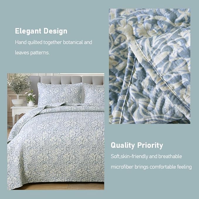 DURLENGEN Quilt Set Queen Size 3Pcs, Bluish Grey Printed with Beige Leaves Pattern,Soft Microfiber Lightweight Bedspread for All Season Layering(Queen 90x96,Beige Botanical)