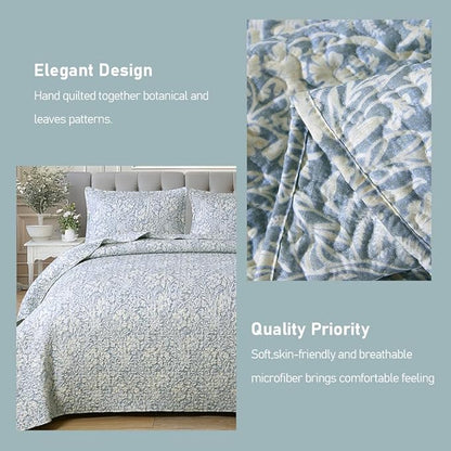 DURLENGEN Quilt Set Queen Size 3Pcs, Bluish Grey Printed with Beige Leaves Pattern,Soft Microfiber Lightweight Bedspread for All Season Layering(Queen 90x96,Beige Botanical)