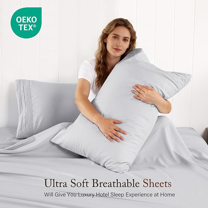 ROSE&RISY Light Grey Sheets Queen Sheet Set, Pre-Washed Cotton-Like Brushed Microfiber, 4 Pcs Super Soft Breathable Cooling Bed Sets,Includes 1 Fitted, 1 Flat, 2 Pillowcases (Light Grey, Queen)