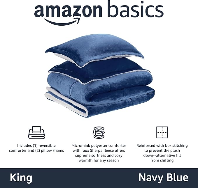 Amazon Basics 3-Piece Micromink Sherpa Down Alternative Comforter Bedding Set, Ultra-Soft, Warm All Season, King, Navy Blue