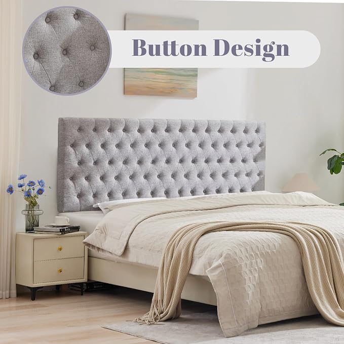 Upholstered Queen Headboard Only, Premium Linen Button Tufted Headboards, Adjustable Solid Wood Head Board, Padded Headboard with Solid Wood Legs in Bedroom (Grey)