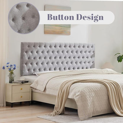Upholstered Queen Headboard Only, Premium Linen Button Tufted Headboards, Adjustable Solid Wood Head Board, Padded Headboard with Solid Wood Legs in Bedroom (Grey)
