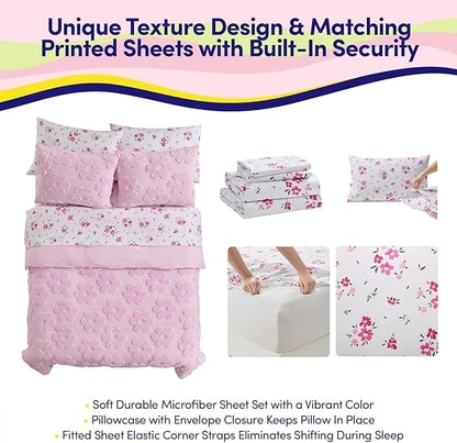 Kids Full Size Bed in a Bag Tufted Comforter & Sheet Set – Complete Bedding Set with Corner Strap Fitted Sheet, Ultra Soft Lightweight All Season Comforter, Girls Bedroom, Dorm, Guest Room