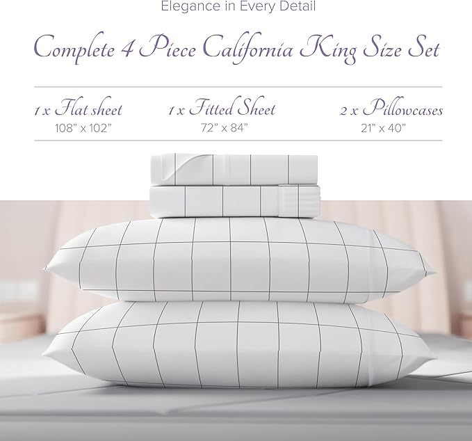 Carressa Linen Luxury Egyptian Cotton California King Printed Sheet Set - 600 Thread Count Extra Long Staple 4 PC Set, Window Pane Cal King Printed Sheets, Soft, Cooling Sheets Upto 18 in Deep Pocket
