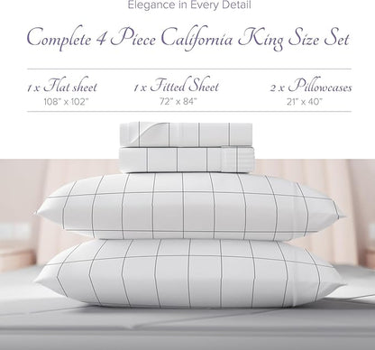 Carressa Linen Luxury Egyptian Cotton California King Printed Sheet Set - 600 Thread Count Extra Long Staple 4 PC Set, Window Pane Cal King Printed Sheets, Soft, Cooling Sheets Upto 18 in Deep Pocket