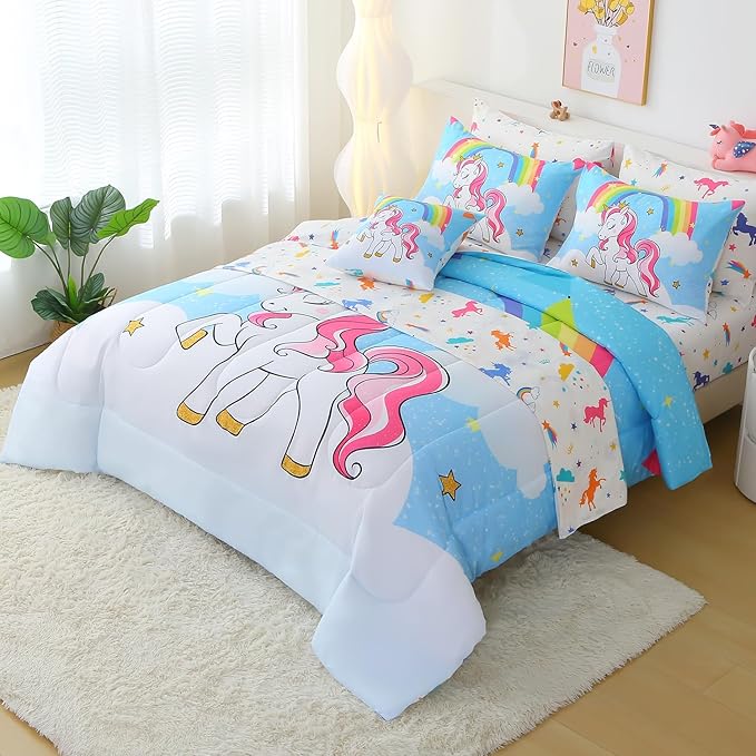 JQinHome Unicorn Twin Bedding Sets for Girls Kids,6 Piece Bed in A Bag 3D Blue Sky Rainbow Clouds Theme Unicorn Comforter Set with Sheet Set(Blue)