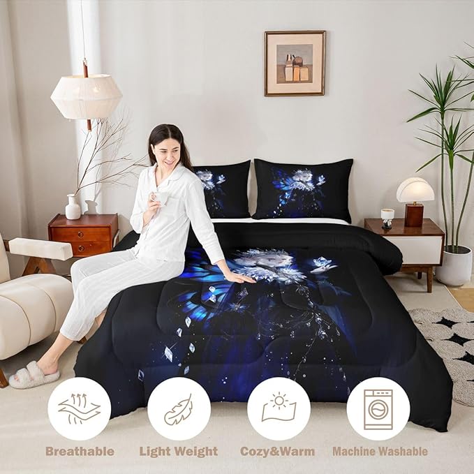 Erosebridal Gothic Girls Comforter Set for Kids Boys Girls A Girl Wearing A Crown Bedding Butterfly Diamond Feather Print Duvet Set Coquette Princess Comforter Full with 2 Pillowcases