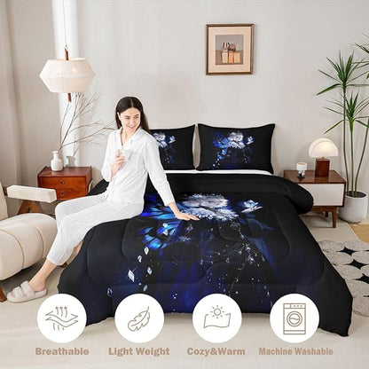 Erosebridal Gothic Girls Comforter Set for Kids Boys Girls A Girl Wearing A Crown Bedding Butterfly Diamond Feather Print Duvet Set Coquette Princess Comforter Full with 2 Pillowcases
