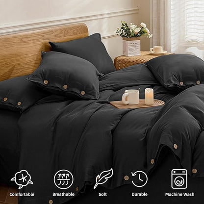 JELLYMONI Cotton Duvet Cover Twin Size - Pure Black Comforter Cover with Button 100% Washed Cotton 2PCS Breathable Soft Solid Bedding Set Duvet Cover 68×90in & 1 Pillowcase (NO Comforter)