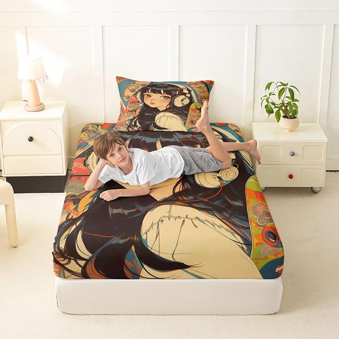 Erosebridal 2Pcs Anime Bedding Set Fashion Street Girls Fitted Sheet 3D Cartoon Printed Comfortable Soft Bed Sheets for Kids Boys Girls Teens Tattoo Watercolor Art Japanese Style Sheets Twin Size