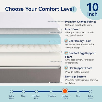 Amazon Basics Breathable Gel Memory Foam Mattress, Medium Firm, 10 Inch, King, White/Grey