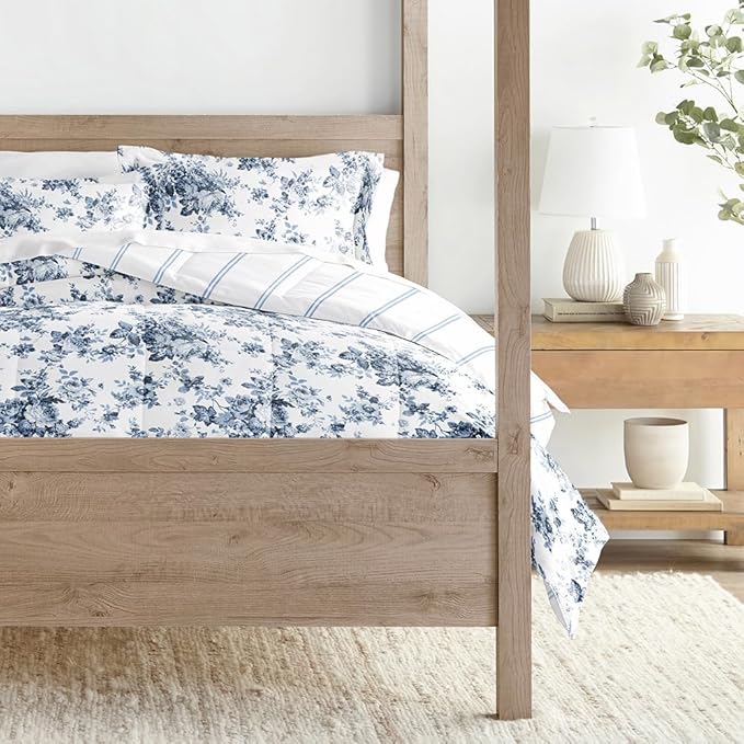 LINENS & HUTCH Comforter Set Patterned Microfiber All Season Down-Alternative Ultra Soft Bedding in Cabbage Rose Stripe - Twin/TwinXL Cabbage Rose Stripe Stone
