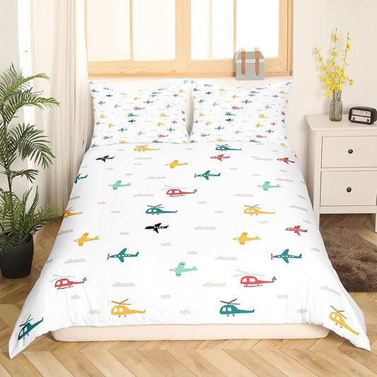 Castle Fairy Kids Aircraft Bedding Set Watercolor Transportation Vehicles Duvet Cover Set Boys Airplanes Comforter Cover Colorful Helicopter Bedroom Quilt Cover Queen with 2 Pillowcase,No Comforter