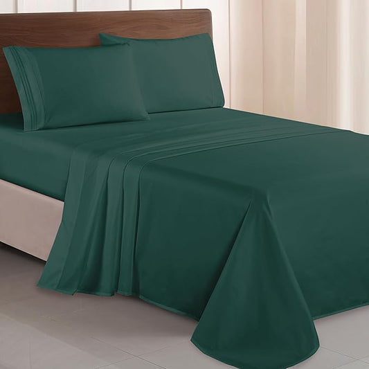 Elegant Comfort Luxurious 1500 Premium Hotel Quality Microfiber Three Line Embroidered Softest 4-Piece Bed Sheet Set, Wrinkle and Fade Resistant, Twin/Twin XL, Hunter Green
