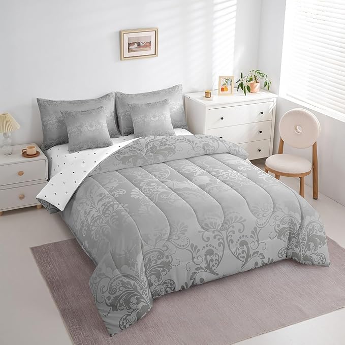 Erosebridal Gothic Damask Bed in a Bag King Size Comforter Set 7 Pieces,Halloween Bat Bedding Sets Grey Victorian Floral Goth Sheet Set with Comforter