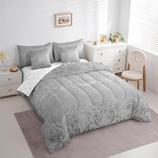 Erosebridal Gothic Damask Bed in a Bag King Size Comforter Set 7 Pieces,Halloween Bat Bedding Sets Grey Victorian Floral Goth Sheet Set with Comforter