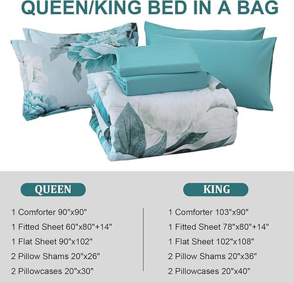 Dobuyly Floral Comforter Set Queen Size 7 Piece Bed in a Bag, Aqua Flowers Printed on Light Blue Comforter Set with Sheets, Soft Polyester Botanical Complete Bedding Set for All Season