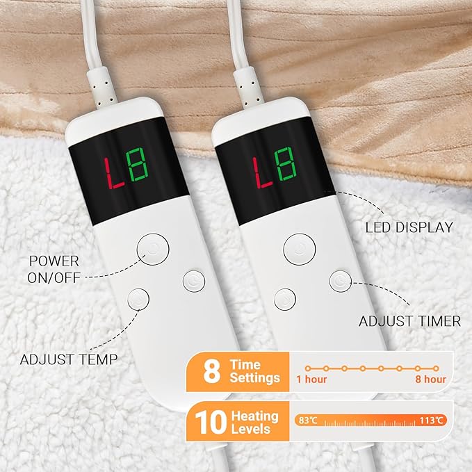 Electric Heated Blanket Twin Size 62''x84'' Soft Flannel & Sherpa Electric Blanket with 10 Heating Levels, Automatically Shut Down After 8h with Overheat Protection Machine Washable