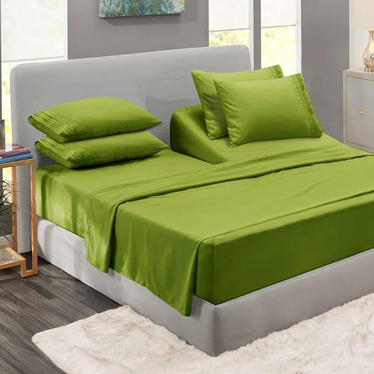 Clara Clark Flex Top King Sheets, 6 Piece Set - Hotel Luxury Sheets for Top Split King Bed, Super Soft Bedding Set, Head Split King Calla Green