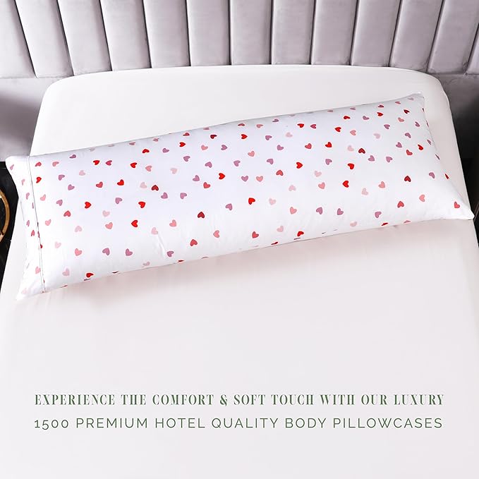 Elegant Comfort Ultra Soft 1-Piece Set Hearts Print Pillowcases - 1500 Premium Hotel Quality Microfiber, Soft and Smooth Hidden Zipper Closure 1-Piece Pillow Covers - Body Pillowcase, Valentina