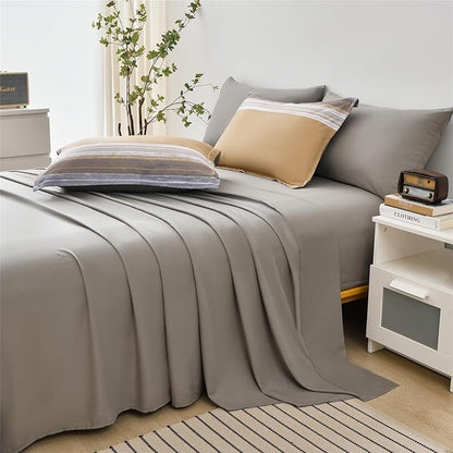 7 Piece Bed in a Bag Stripe Comforter Set Queen Size, White Grey Khaki Patchwork Striped Comforter and Sheet Set, All Season Soft Microfiber Complete Bedding Set(Khaki,Queen)