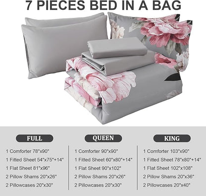 Dobuyly Pink and Grey Comforter Set Full Size 7 Piece Bed in a Bag, Floral Printed on Gray Full Comforter Set with Sheets, Soft Microfiber Botanical Complete Bedding Set for All Season