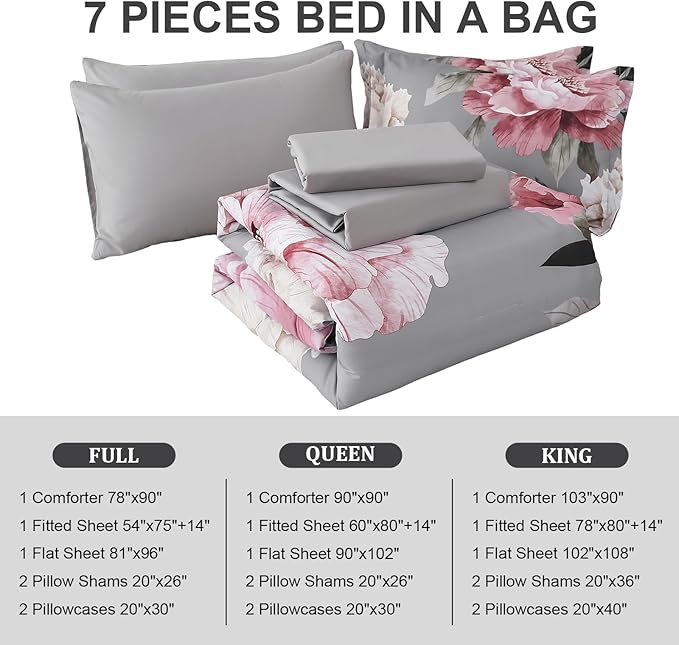 Dobuyly Pink and Grey Comforter Set Queen Size 7 Piece Bed in a Bag, Floral Printed on Gray Comforter Set with Sheets, Soft Microfiber Botanical Complete Bedding Set for All Season