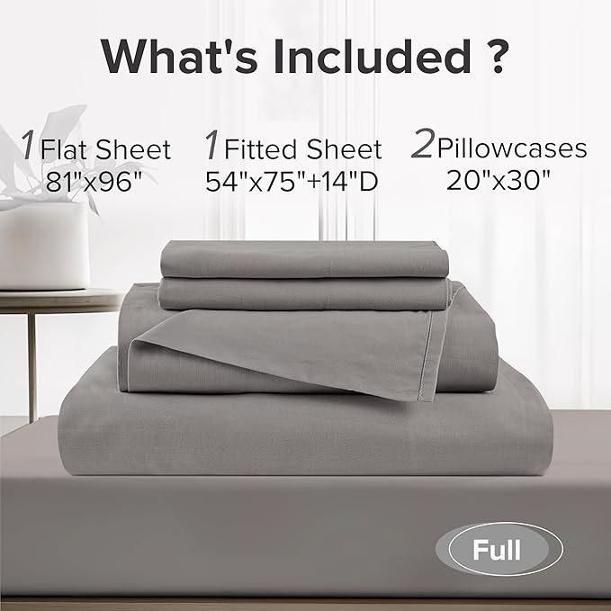 Comfort Spaces 100% Cotton Sheets Full, Breathable & Ultra Soft Cotton Sheets, Naturally Cool Cotton Bed Sheets with 14" Elastic Pocket Fits up to 16" Mattress, All Season Sheet Set, Dark Gray 4 Piece