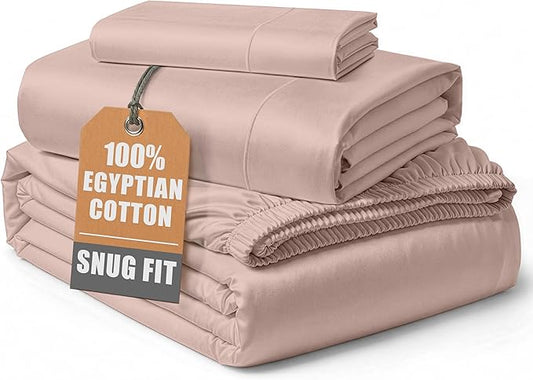 LANE LINEN Luxury 100% Egyptian Cotton Bed Sheets Twin Size, Fully Elasticized Reinforced 15 Inch Extra Deep Pocket Twin Sheets, Soft & Comfy Sateen Weave for Silky Finish - Sepia Rose