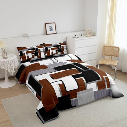 Erosebridal Square Comforter Sets for Teens Youth,Brown White Grey Bedding Set,3D Geometric Quilt Set,Grunge Farmhouse Grid Duvet Insert with 2 Pillowcases Lightweght Warm,Full