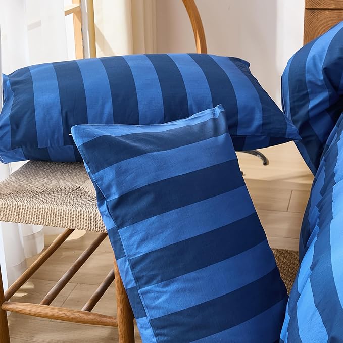 Merryword Blue Striped Duvet Cover Set Queen Size, 100% Natural Cotton Linen Like Duvet Cover Set with Zipper Closure & 8 Corner Ties, Dark Blue Soft Reversible Bedding for All Seasons