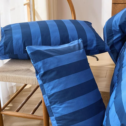 Merryword Blue Striped Duvet Cover Set Queen Size, 100% Natural Cotton Linen Like Duvet Cover Set with Zipper Closure & 8 Corner Ties, Dark Blue Soft Reversible Bedding for All Seasons