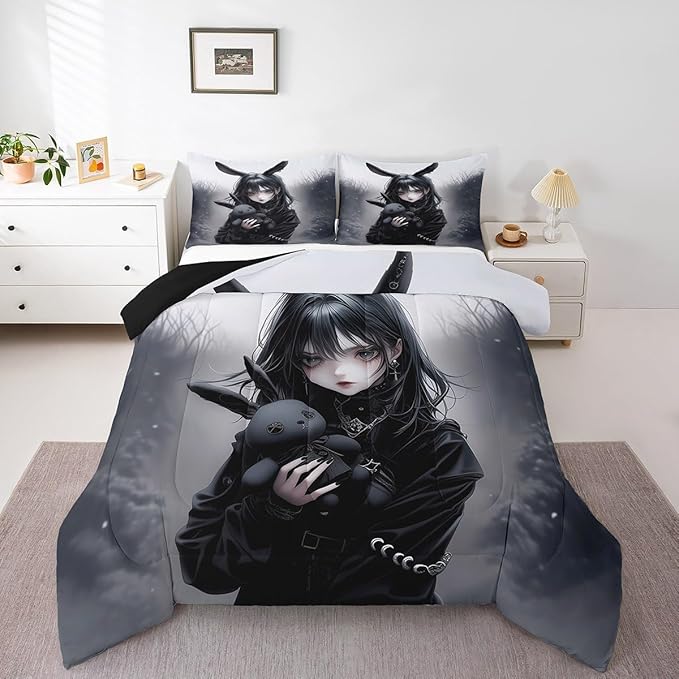 Erosebridal Anime Girls Bedding Set King,Anime Gifts Comforter Set for Girl Women,Gothic 3D Japanese Girl Down Comforter,Exotic Rabbit Gothic Cool Girls Bed Set with 2 Pillowcases