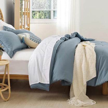 weigelia 5PCS Twin Comforter Set Microfiber Comforter Dusty Blue Comforter Sets for Women and Men Reversible Bed Set Ultra Soft All Season（Comforters, Flat & Fitted Sheets, Pillowcases & Shams）