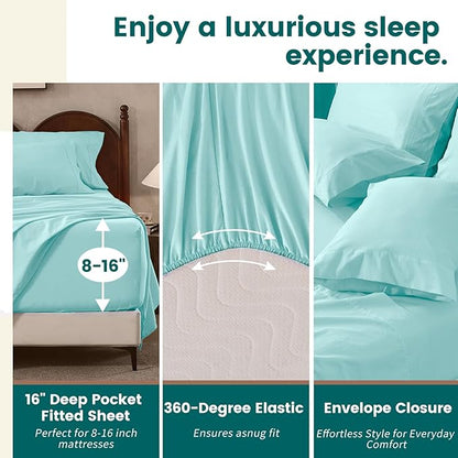 100% Linen Sheets Queen Size,Breathable & Durable 4-Piece Bed Flax Sheet Set,Soft All-Season Bedding for Hot Sleepers 16" Deep Pocket Oeko-TEX Certified,（Queen, Light Blue）
