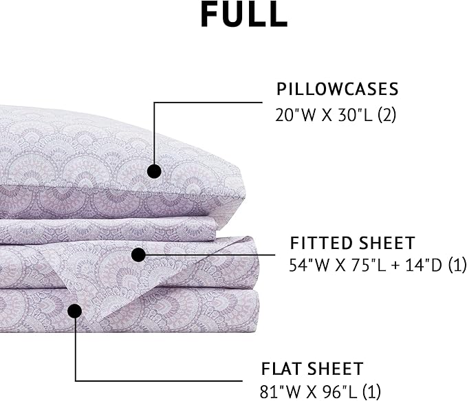 Comfort Spaces 100% Cotton Sheet Set Breathable, Lightweight, Soft with 14" Elastic Pocket Fits up to 16" Mattress, All Season Cozy Bedding, Matching Pillow Case, Full Tabitha Purple 4 Piece
