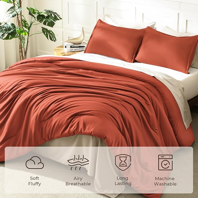 Litanika Comforters Burnt Orange Oversized Queen Size, 3 Pieces Lightweight Solid Bedding Comforter Set, All Season Fluffy Bed Set (98x98In Comforter & 2 Pillowcases)