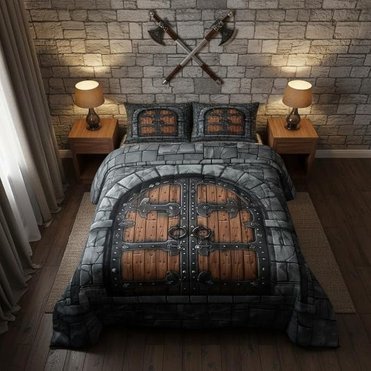Castle Walls Twin Size Comforter Set for All Seasons,Knight Wall Bedding Set Teens Bedroom Decor,Fairytale Medieval Themed Comforter Inner Fill with 1 Pillowcase