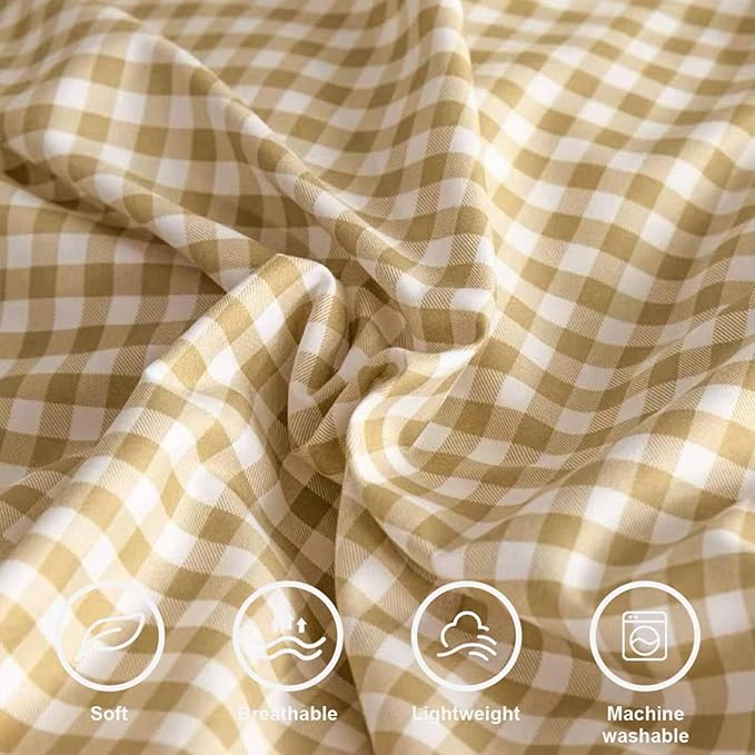 ETDIFFE King Size Brown Comforter Set, 3 Piece Tan Gingham Grid Bed Set - Soft and Lightweight Buffalo Checkered Plaid Microfiber Down Alternative Comforter (90x104)