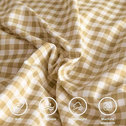 ETDIFFE Brown Comforter Set Queen Size, 3 Piece Tan Gingham Grid Bed Set - Soft and Lightweight Buffalo Checkered Plaid Microfiber Down Alternative Comforter (90x90)